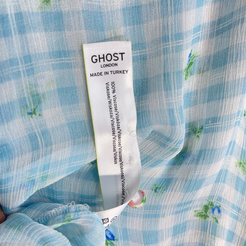 Ghost London Bella Blouse Medium Gingham Botanical Semi Sheer Crepe Picnic-core - Picture 7 of 13